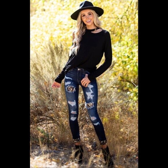 Kancan leopard patched distressed cuffed ankle denim sz 28 - Picture 1 of 10